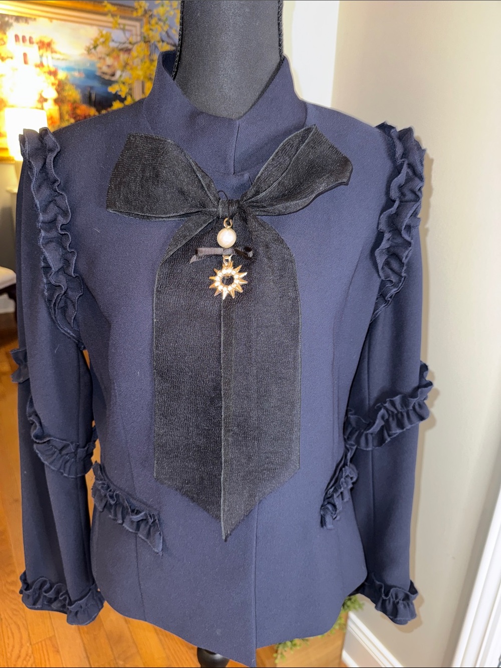Tamarine Paris Black Ruffle Detail Blazer with Bow and Pendant - NWOT